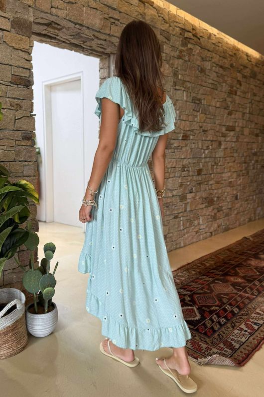Made in Italy Forget Me Knots Bardot Shirring Dress Sky /10 =